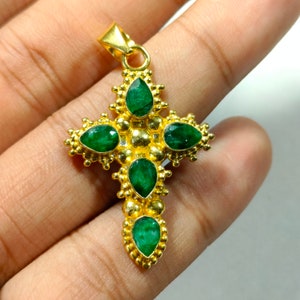 Old Designer Gold  Pendant | Natural Emerald Cross Pendant | 18K Gold Plated Handmade cross Pendant | Gift Four Hir Old Pendant Necklaces