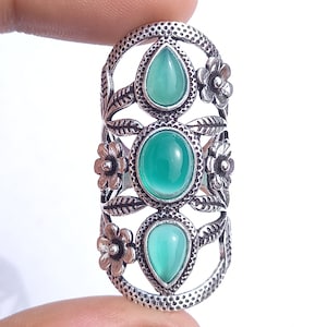 Sterling Silver Flower Ring for Women,  Handmade Statemant Ring, Green Onyx Ring, Silver Jewelry, Gift Elegant  Ring, Anniversary Gift