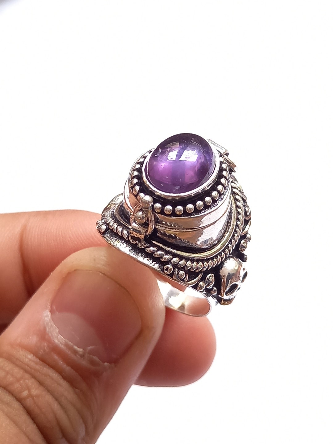 Skull Poison Ring, Openable 925 Sterling Silver, Amethyst Gemstone