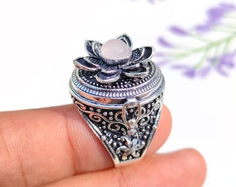 Rosenquarz-Blütenring, handgefertigter 925er Silber-Fach-Fach-Ring