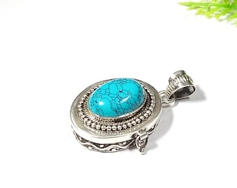 Sterling Silver Turquoise Gemstone Pill Box Pendant, Vintage Necklace
