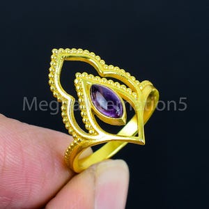 18K Gold Plated Ring, Natural Purple Amethyst Gemston, Handmade Statement Ring, Gold Jewelry, Dainty crown Design Ring, Unique Wedding ring,