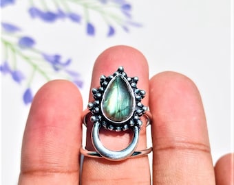 Pear Shape Ring, Handmade 925 Sterling Silver Amazing Moon Shape Ring with Natural  Labradorite Gemstone Ring, Bohemin Ring, Statement Ring