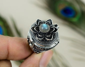 Natural Garnet Brass Poison Ring, Labradorite Hidden Box
