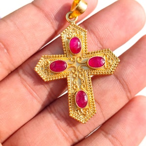 Vintage Designer Gold Pendant, Natural Ruby Cross Pendant,  18K Gold Plated Handmade cross Pendant, Gift Jewelry,18K Red Ruby Cross Pendant
