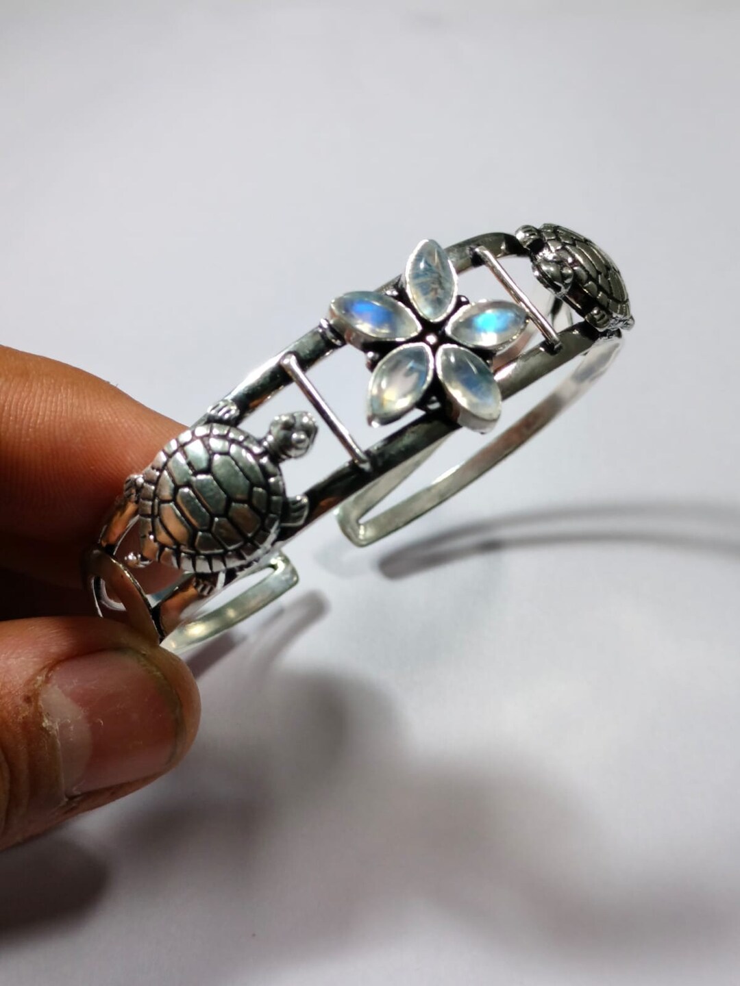 Turtle Bangle Sterling Silver Turtle Flower Bangle, Adjustable Moonstone Bracelet for ...