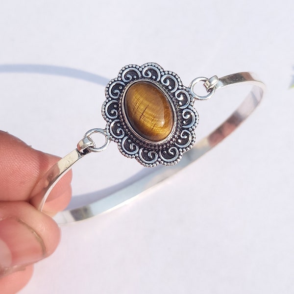 Natural Tiger's Eye Bangle, Handmade Bangle, Boho Oxidized Bangle, 925 Sterling Silver Bangle, Bangle with Exclusive Gemstone, Gift Jewelry