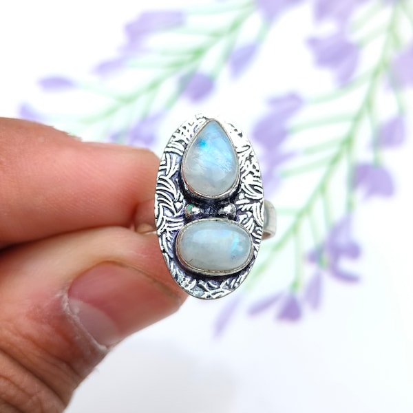 Natural Moonstone Handmade Ring, Two Stone Ring, Gemstone Ring, Blue Flash Gemstone Ring, Flashy Moon Stone Ring, Gift Ring for Mom