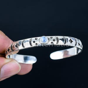 Ręcznie robiona bransoletka w kształcie księżyca i gwiazdy, bransoletka ze srebra próby 92,5, bransoletka z kamieniem księżycowym, bransoletka z ekskluzywnym kamieniem, regulowana biżuteria