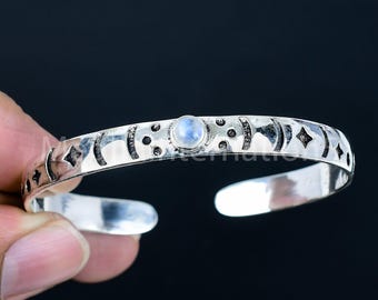 Handmade Moon and Star Shape Bangle, 92.5 Sterling Silver Bangle, Moonstone Bangle, Bangle with Exclusive Stone, Adjustable Bangle Jewelry