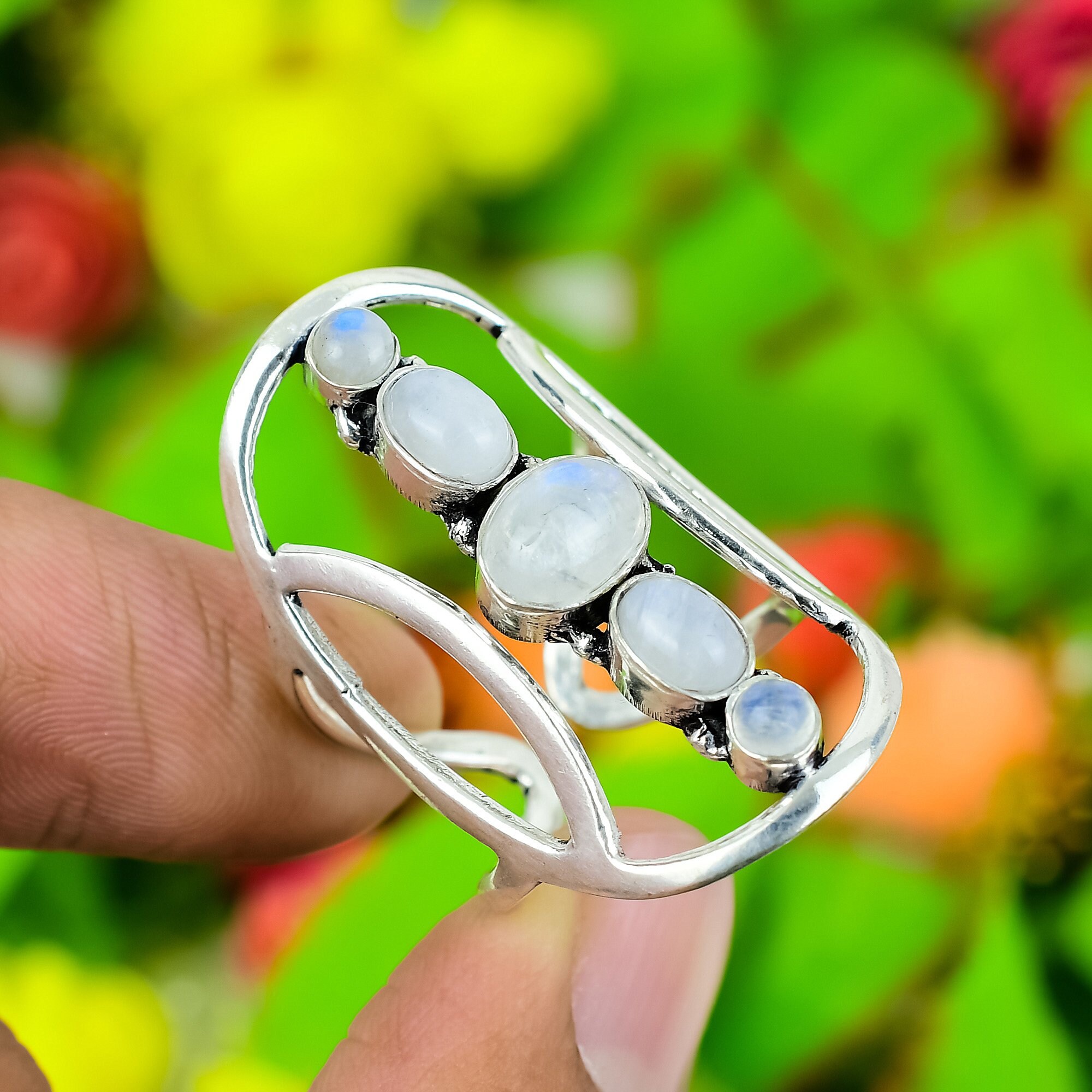 天然ムーンストーンリング、レディースリング、925シルバーリング