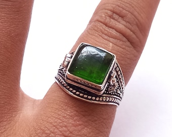 Vintage Silver Plated Poison Ring with Green Chalcedony, Pill Box Ring