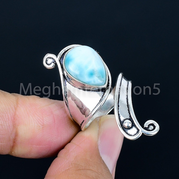 Natürlicher Larimar Ring für Frauen, 925 Sterling Silber, Geburtsstein Statement, handgefertigter verstellbarer Larimar