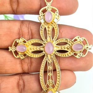 Old Designer Gold  Pendant | Natural Rose Quartz Cross Pendant |  18K Gold Plated Handmade cross Pendant | Gift Jewelry | Pink Cross Pendant