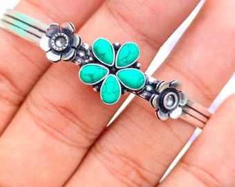 Handmade Turquoise 925 Sterling Silver Cuff Bracelet, Floral Bangle