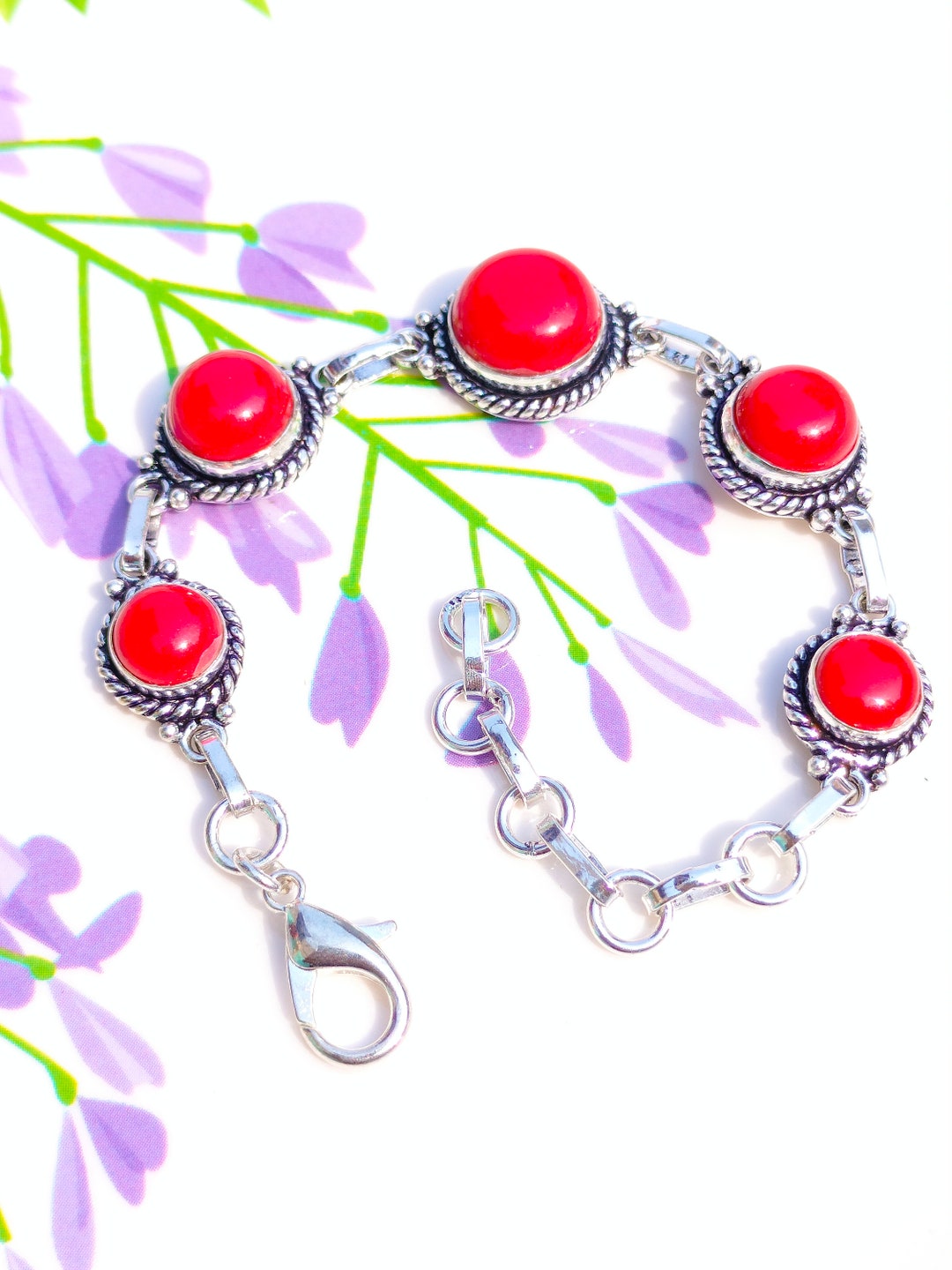 Red Coral Bracelet, Gemstone Bracelet, 925 Silver Bracelet, Natural