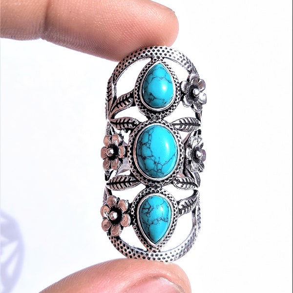 Anillo de plata de ley con flor, turquesa natural, tres piedras, para dedo completo