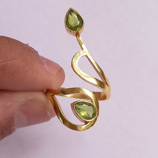 Handmade Gold Plated Peridot Ring, Adjustable Brass Boho Jewelry