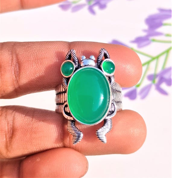 Natural Green Onyx Frog Ring,925 Sterling Silver Ring, Frog