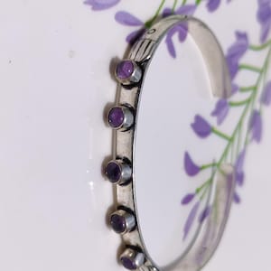 Natural Amethyst Gemstone Bangle, 925 Sterling Silver, Handmade  Jewelry, Adjustable  Boho