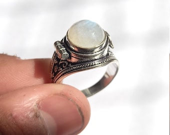 925 Silver Poison Ring, Natural Moonstone Secret Box Ring, Secret Compartment Ring, Box Ring, Silver Plated Ring, Openable Ring, Signet Ring