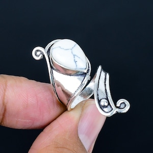 White Buffalo Turquoise Howlite Ring, 925 Sterling Silver, Birthstone Statement Ring, Handmade Adjustable Turquoise Ring, Gift For Mother