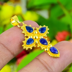 Old Designer Gold  Pendant | Natural Sapphire Cross Pendant | 18K Gold Plated Handmade cross Pendant | Gift Four Hir | Jewellery Necklaces