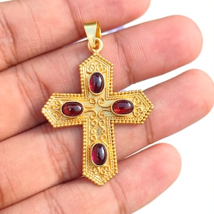 Vintage Designer Gold Pendant, Natural Red Garnet Cross Pendant, 18K Gold Plated Handmade cross Pendant Gift, Garnet Cross Pendant