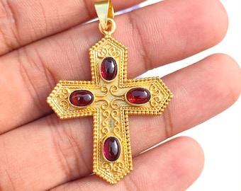Vintage Designer Gold Pendant, Natural Red Garnet Cross Pendant, 18K Gold Plated Handmade cross Pendant Gift, Garnet Cross Pendant