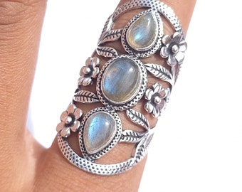 925 Silver Flower Ring for Women, Handmade Statemant Ring, Labradorite Ring, Silver Jewelry, Gift for Her, Elegant  Ring, Anniversary Gift