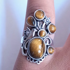 Flower Desiner Handmade Ring, 925 Sterling Silver Ring, Natural Tiger&#39;s Eye Gemstone Ring, Fashion Jewelry, Antique Ring, Oxidized Ring