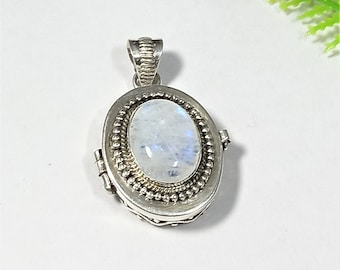 Moonstone Pill Box Pendant, 925 Silver Plated, Secret Oval Locket