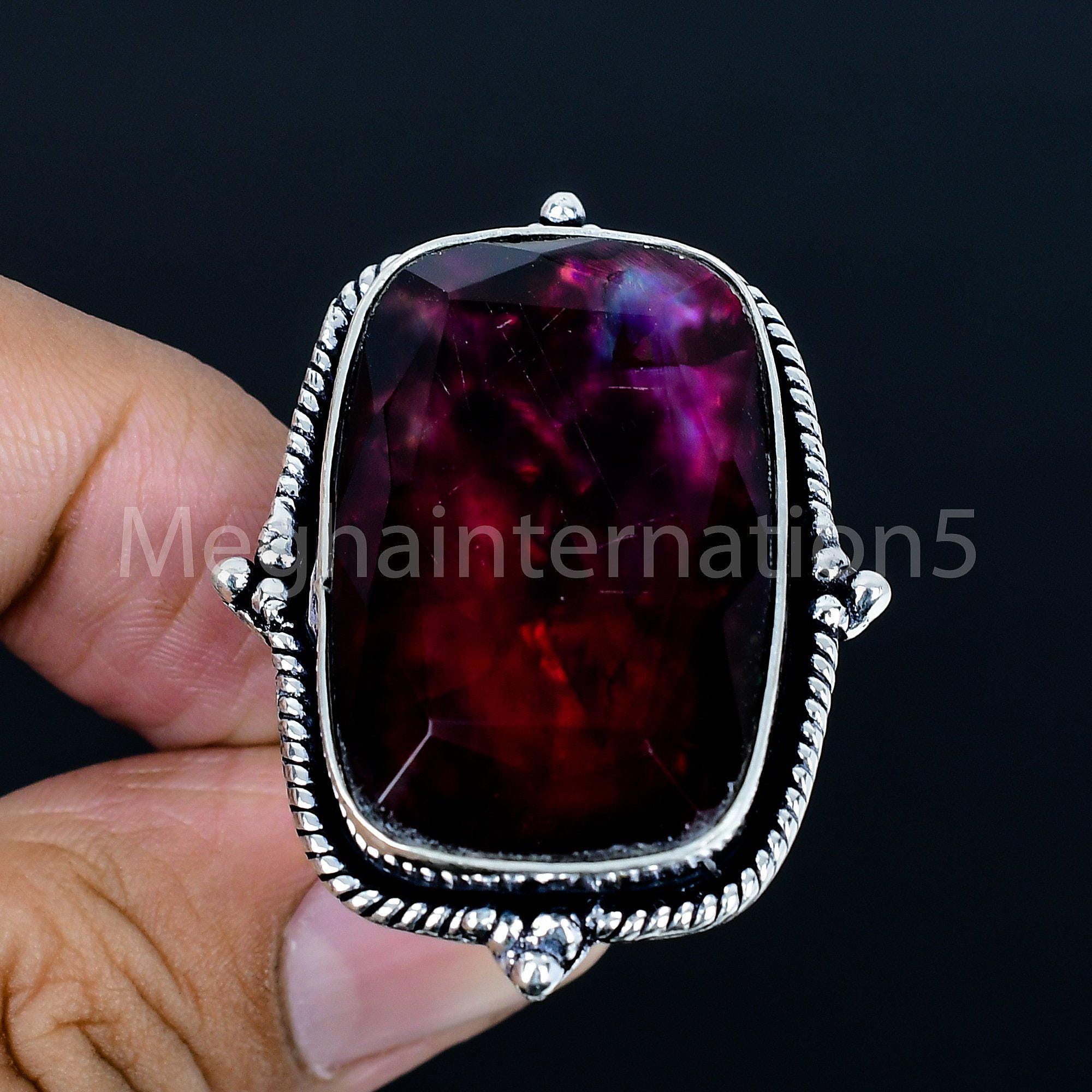 Anillo de ammolita rosa, anillo de plata 925, joyería hecha a mano, anillo de bodas, regalo de aniversario rosa, regalos de San Valentín, anillo para hombre y mujer, fácil de usar.