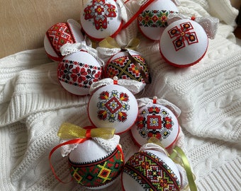 Embroidered Christmas Ball Set | Ukrainian Ornament, Holiday Decor