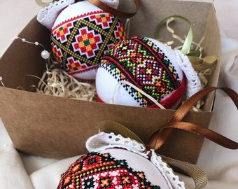 Embroidered Christmas Baubles Set | Ukrainian Ornament Decor