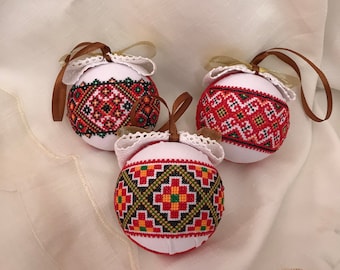 Embroidered Christmas Baubles Set | Ukrainian Ornament, Cross-Stitch