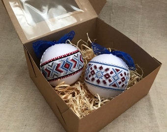Ukrainian Christmas balls | Embroidery ukrainian ornament | Christmas tree toys with embroidered ornament| Christmas tree kit with 2 baubles