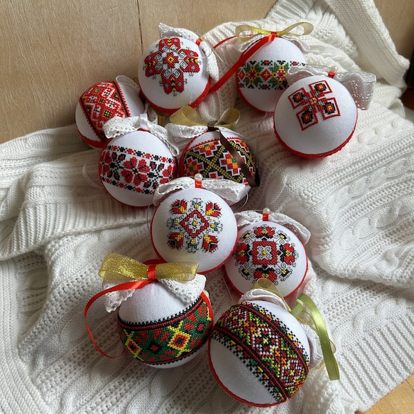 Embroidered Christmas Ball Set | Ukrainian Ornament, Holiday Decor