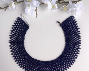 Deep blue beaded sylianka necklace | Traditional ukrainian beaded jewelry