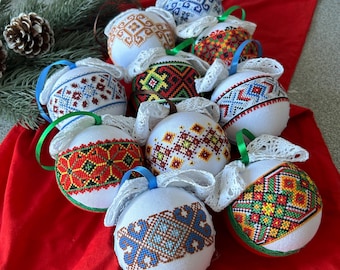 Embroidered Christmas Ball Ornament Set | Ukrainian Geometric Baubles