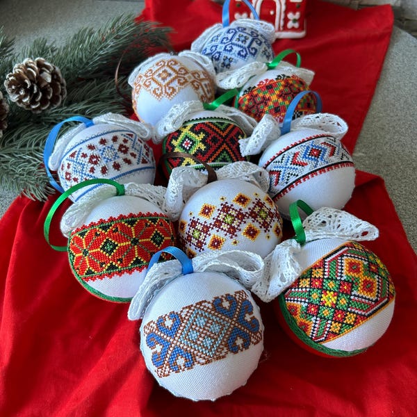 Embroidered Christmas Ball Ornament Set | Ukrainian Geometric Baubles