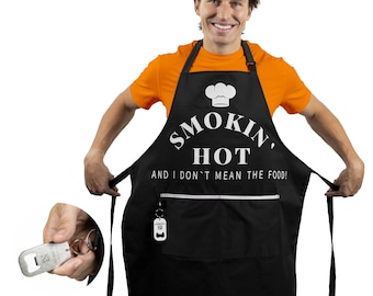 Funny Apron for Men: "Smokin' Hot" BBQ Apron with Bottle Opener