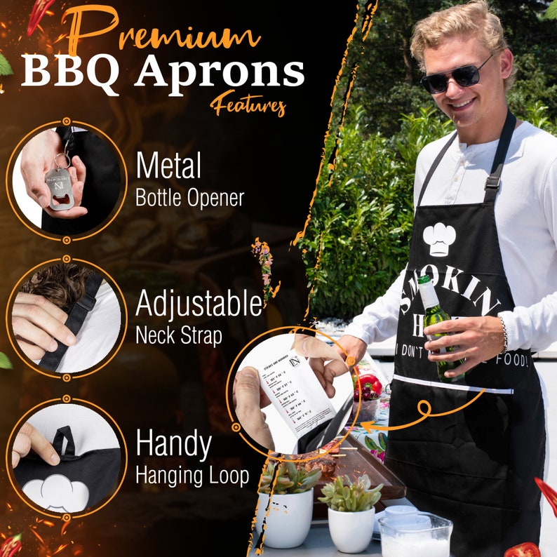 Puede incluir: Delantal negro para barbacoa con una correa de cuello ajustable, un pr&aacute;ctico lazo para colgar y un abridor de botellas de metal. El delantal tiene el texto "Smokin' Hot" y "&iexcl;No tengas miedo de ensuciarte las manos!" impreso en &eacute;l.