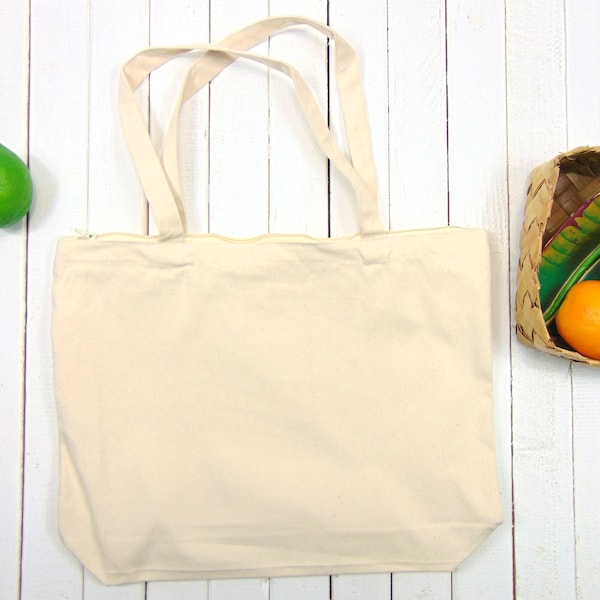 Blank Zippered Canvas Tote,  DIY Plain Zipper Tote Bag, 100% Cotton, Reusable Market Bag, Natural Color