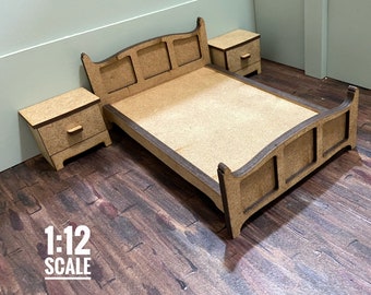 Doll furniture 1:12 scale. Doll bed and nightstand. 1/12 scale furniture for dollhouse