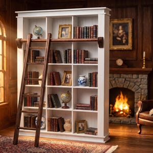 1:6 Scale Dollhouse Library Bookcase with Ladder, Painted White Miniature Bookshelf image 10