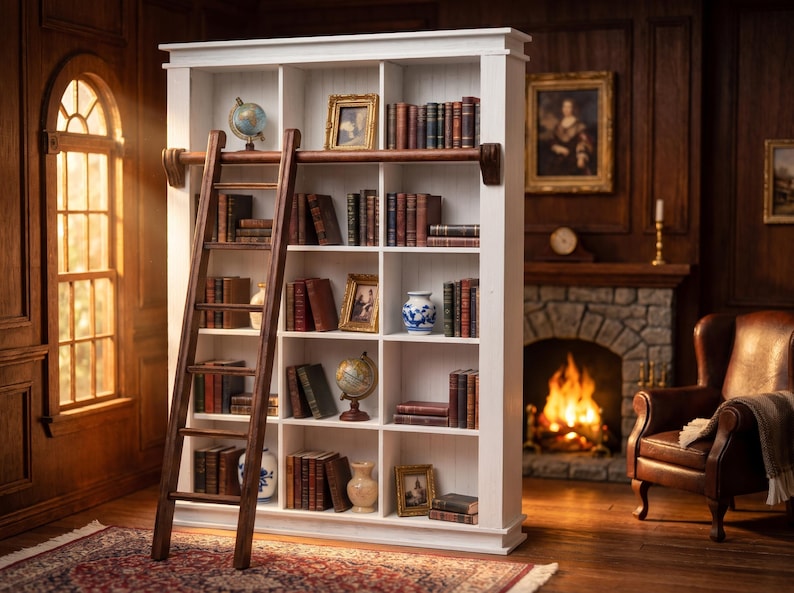 1:6 Scale Dollhouse Library Bookcase with Ladder, Painted White Miniature Bookshelf image 10