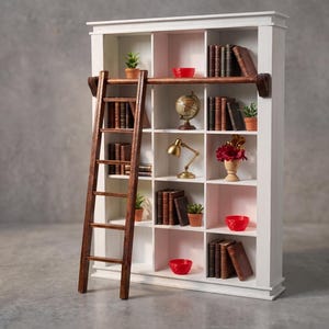 1:6 Scale Dollhouse Library Bookcase with Ladder, Painted White Miniature Bookshelf image 9