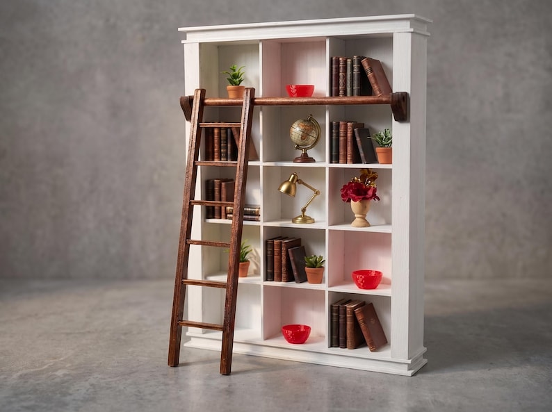 1:6 Scale Dollhouse Library Bookcase with Ladder, Painted White Miniature Bookshelf image 9
