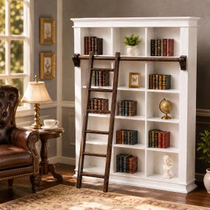 May include: A tall white wooden bookcase with five shelves divided into three vertical sections. A dark brown wooden rolling ladder is attached to a horizontal rail across the front. The shelves contain various books, a small plant, a globe, and a bust.